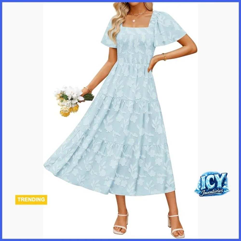Boho Floral Midi Dress Casual Short Sleeve Square Neck Flowy Beach